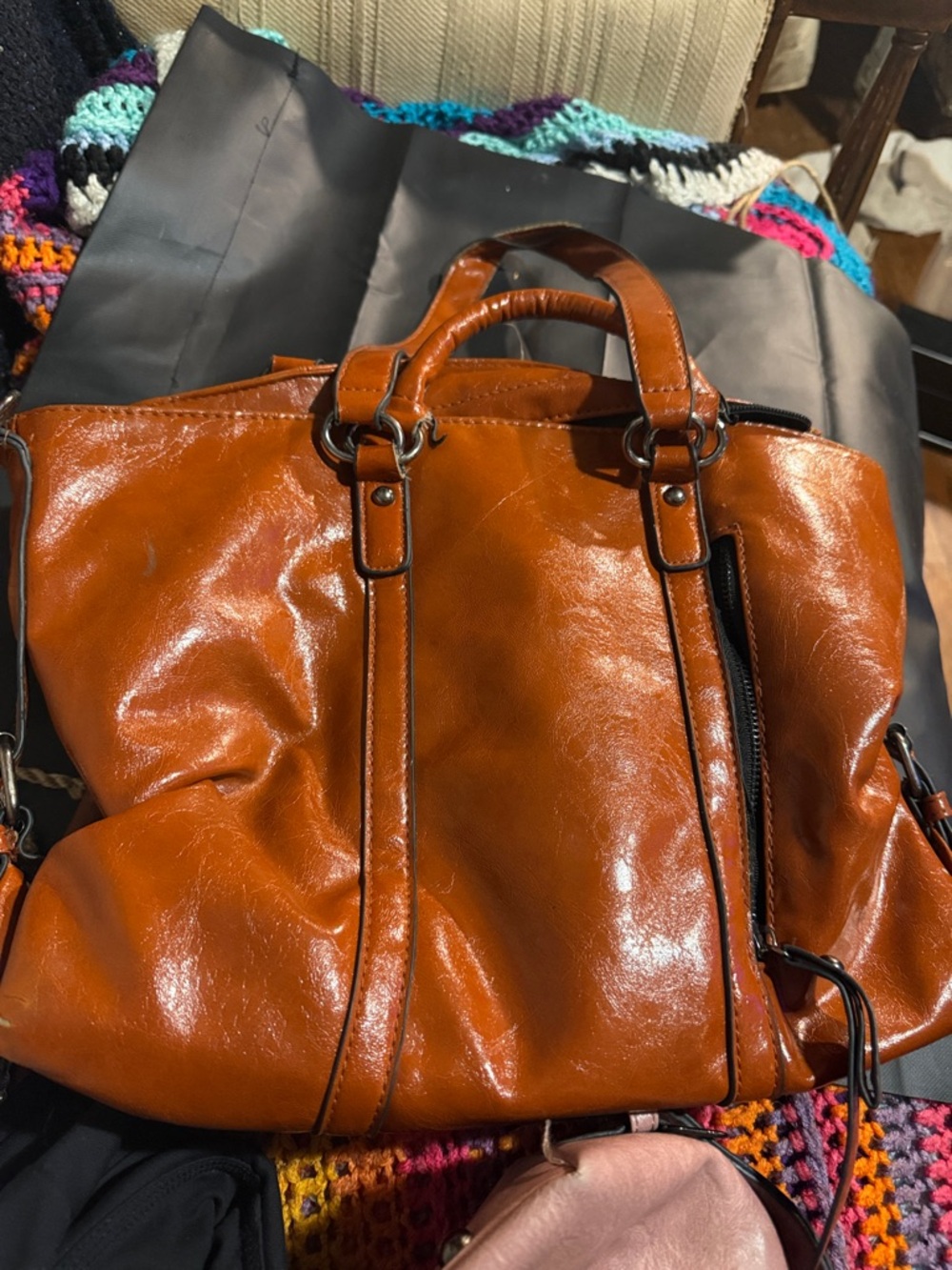 Shiny Cognac Faux Leather Tote Bag